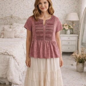 Knox Rose Embroidered Hippie Prairie Blouse S Cottagecore Peasant Heathered Pink